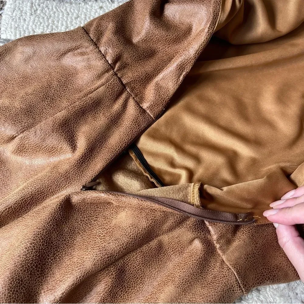 NWT Nordstrom Flattering Vegan Leather Sheath Dress + Slit in Camel Beige SZ S - Picture 7 of 15